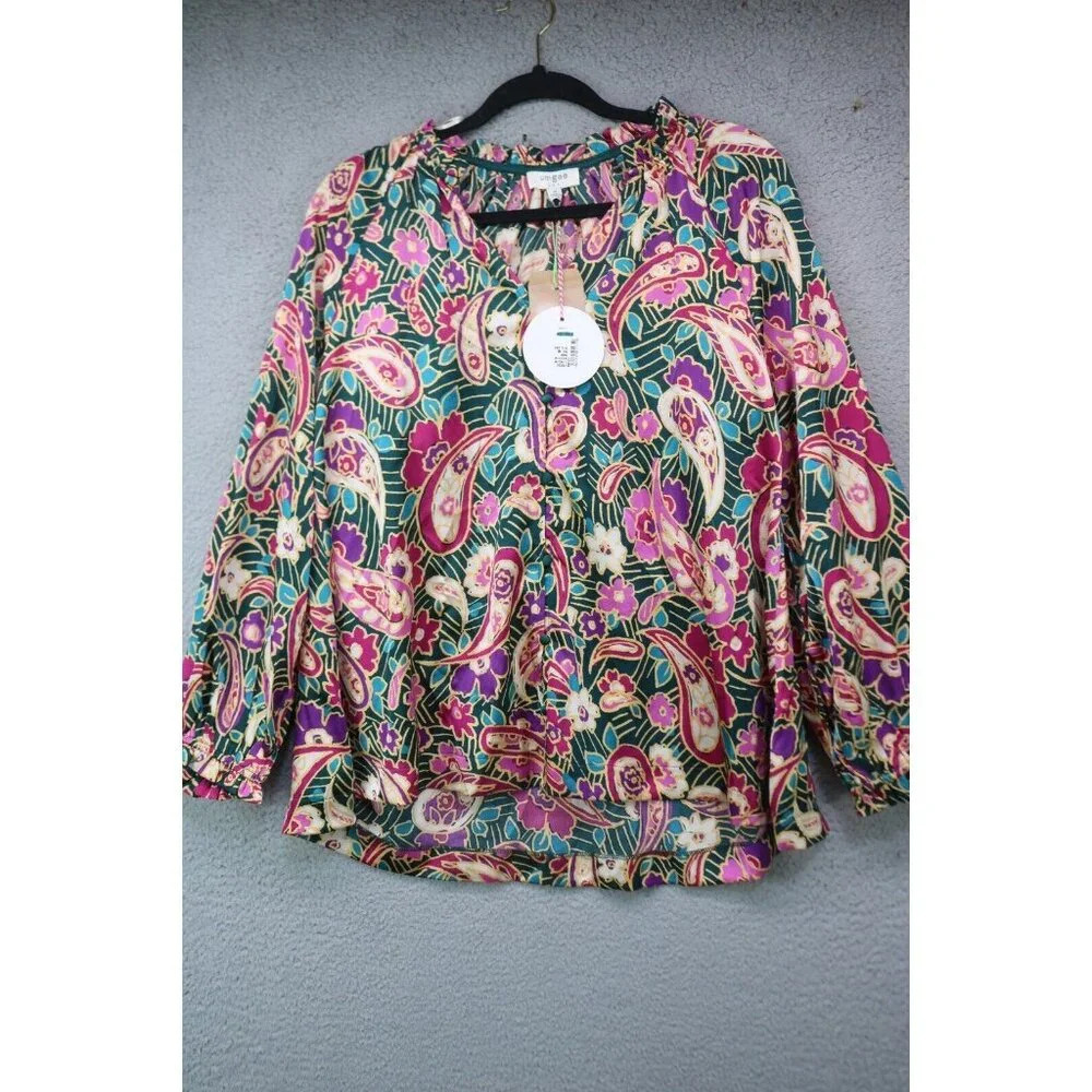 Umgee Long Sleeve Button Down Satin Tunic-Size Medium-Hi-Lo-New with Tags